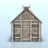 Maison viking avec porte en bois et toit ornementé de cornes (2)