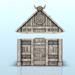Viking house with wooden door and roof decorated with horns (2)