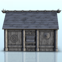 Viking house with wooden door and roof decorated with horns (2)