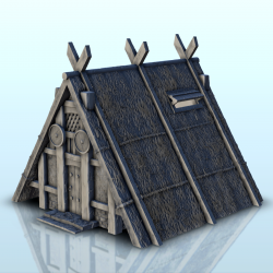 Bâtiment viking en chaume et bois avec ornements (7)