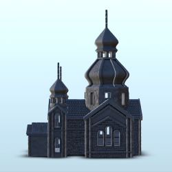 Orthodox brick cathedral with bell tower and double towers (3)