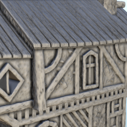 Maison médiévale avec escalier d'accès et toit en plusieurs parties (3)