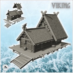 Hall de ville viking sur plate-forme en bois avec escalier d'accès (6)