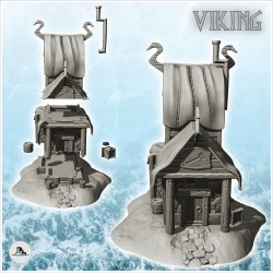 Bâtiment viking avec emblèmes en bois et tuyaux extérieur à toit en peau (7)
