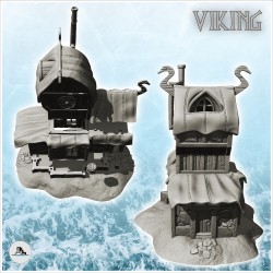 Bâtiment viking avec emblèmes en bois et tuyaux extérieur à toit en peau (7)