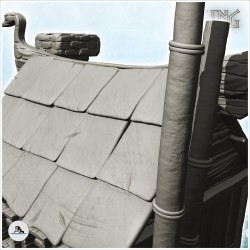 Maison viking avec grande cheminée et tuyaux extérieurs à emblèmes en bois (8)