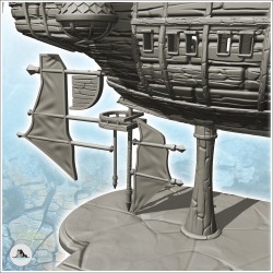 Grand vaisseau volant steampunk avec coque en bois et multiples voiles (1)