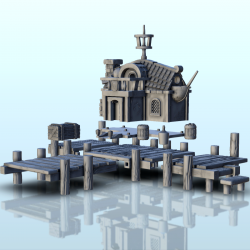 Bâtiment portuaire médiéval en bois avec quai et mât en bois (7)