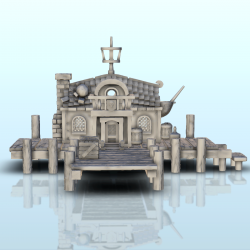 Medieval wooden harbor building with dock and wooden mast (7)