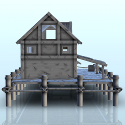 Entrepôt portuaire en bois à colombages avec quai et auvent (9)
