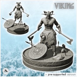 Viking warrior with horned helmet and double axes on battlefield (22)
