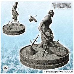Guerrier viking avec casque à corne et double haches sur terrain de bataille (22)