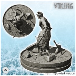 Viking warrior with horned helmet and double axes on battlefield (22)