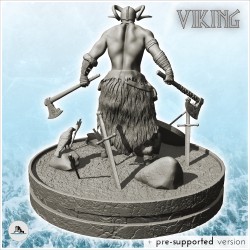 Guerrier viking avec casque à corne et double haches sur terrain de bataille (22)