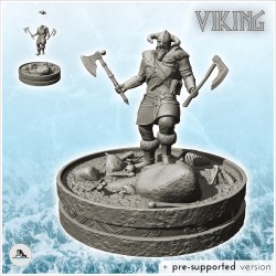 Guerrier viking sur champ de bataille avec casque à corne et double haches (24)