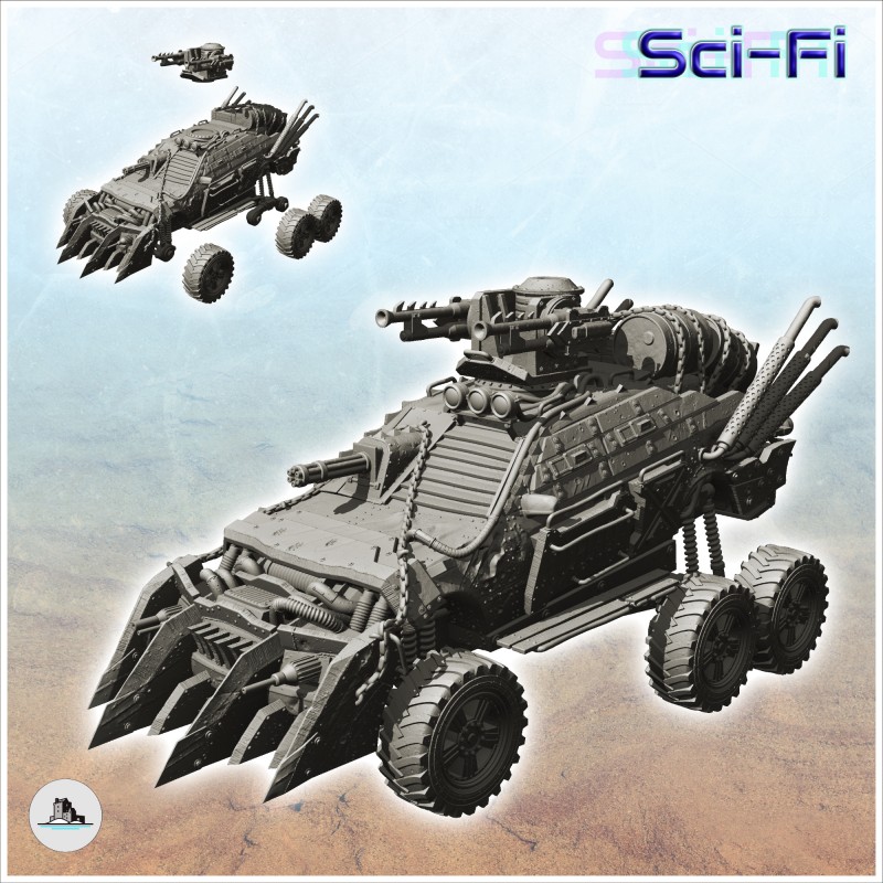 Six-wheeled vehicle with weapons, spikes and bulletproof windows (2)