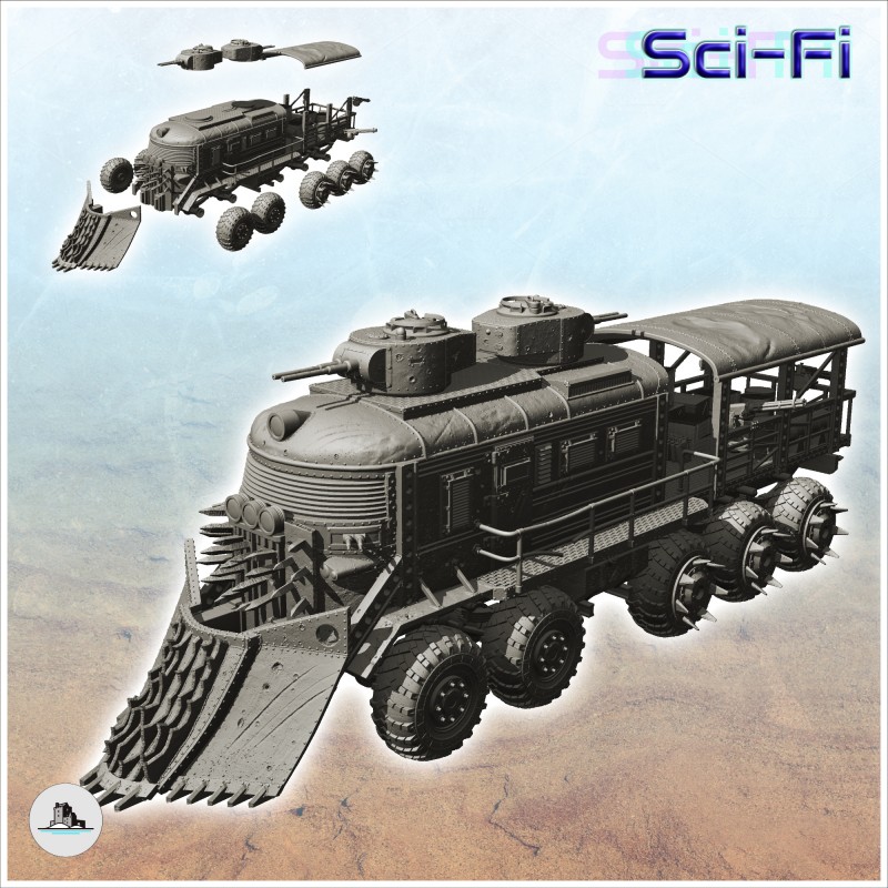 Post-apo train on wheels with armoured turrets and front shovel (5)