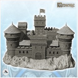 Grand château endommagé avec double tour et donjon avec drapeau (18)