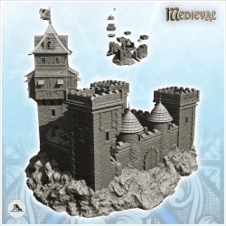 Large damaged castle with triple crenellated towers and wooden keep with flag (19)