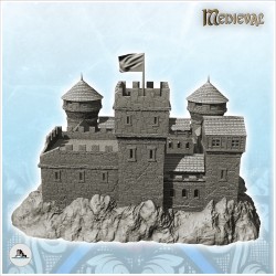 Grand château endommagé avec double tour et donjon avec drapeau (18)