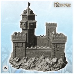 Large damaged castle with triple crenellated towers and wooden keep with flag (19)