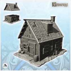 Maison médiévale à toit en tuiles avec fenêtre d'étage et accessoires (3)