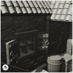 Atelier de forgeron médiéval avec forge extérieure sous auvent et escalier d'accès (4)