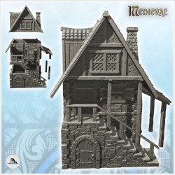 Maison médiévale à toit en tuiles à étage avec grand escalier d'accès et auvent (6)
