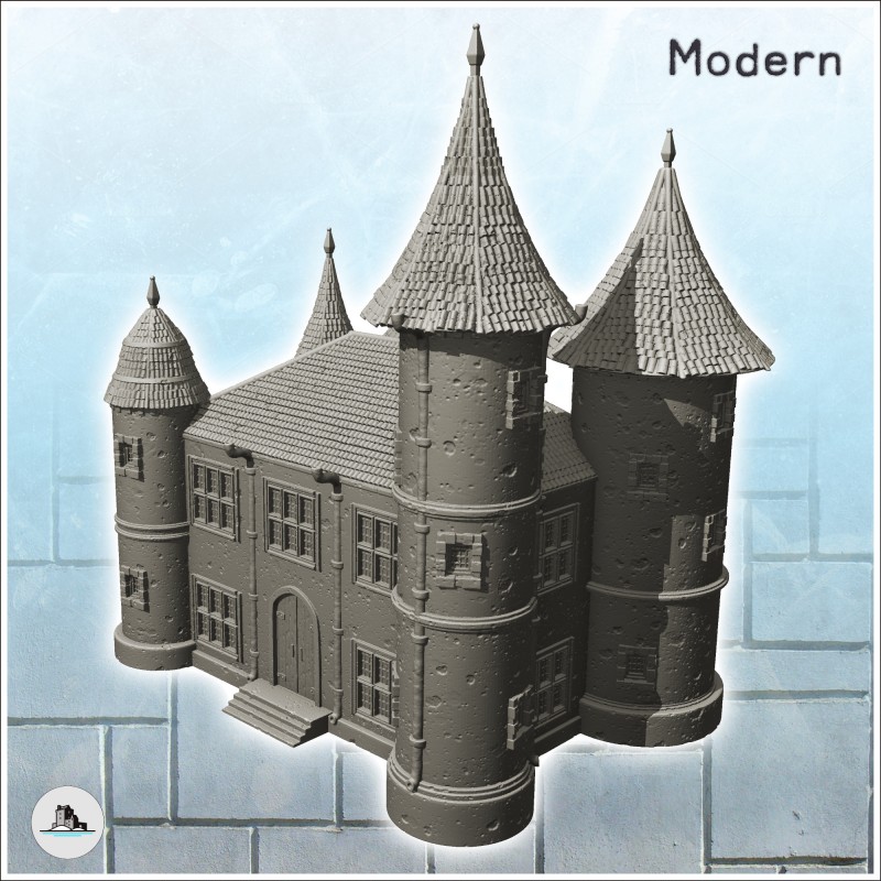 Large modern castle with double towers and entrance stairs (4)