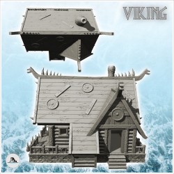 Maison viking en rondins avec escalier d'accès et cheminée (14)
