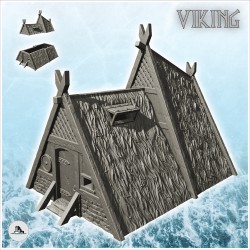 Maison viking en pierre et en bois avec toit de chaume et fenêtre (15)