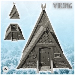 Viking house in stone and wood with thatched roof and window (15)