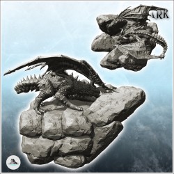 Dragon marchant sur un rocher, grande queue à écailles et piques, cornes sur la tête (23)