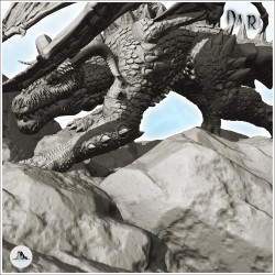 Dragon marchant sur un rocher, grande queue à écailles et piques, cornes sur la tête (23)