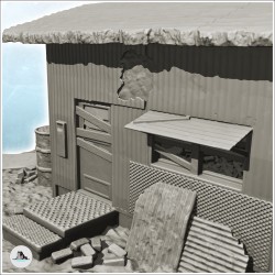 Ruine de bâtiment moderne en tôle avec cheminée en métal et barril (3)