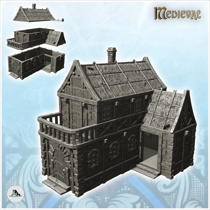 Maison médiévale avec terrasse à l'étage, grande porte et toit en chaume (11)