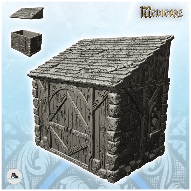 Bâtiment annexe en pierre à colombages avec grande porte en bois et toit en tuiles (15)
