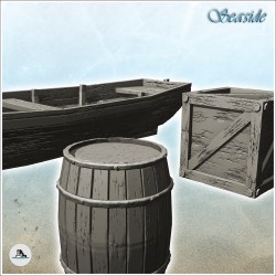 Set of wooden boats, crates, and barrels (7)