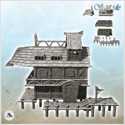 Bâtiment médiéval sur quai en bois avec étage et balcon (12)