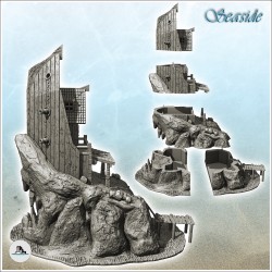 Pirate building on rock in boat shape with wooden access pontoon (13)