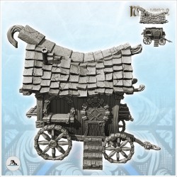 Caravane de marchand ambulant en bois avec toit en tuiles et siège rembourré (17)