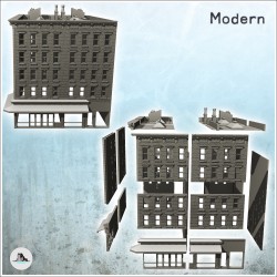 Grand bâtiment moderne d'angle avec boutique à auvents et cheminées de toit (14)