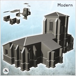 Église européenne avec clocher, toit en tuile et nombreux contreforts (4)