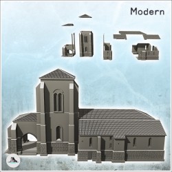 European church with bell tower, tiled roof and numerous buttresses (4)