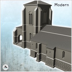 Église européenne avec clocher, toit en tuile et nombreux contreforts (4)