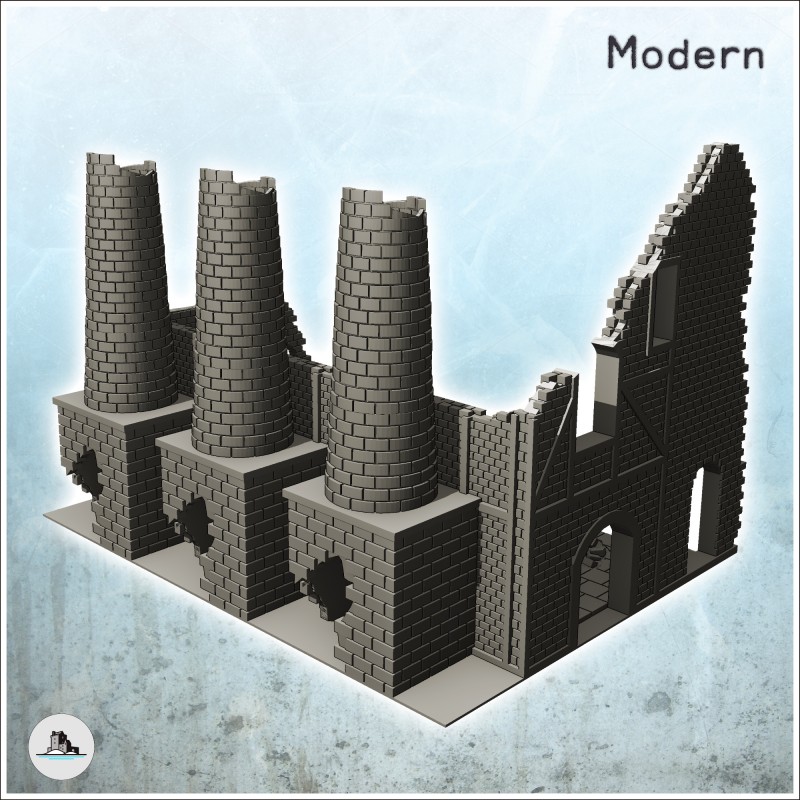Bâtiment industriel en ruine avec trois cheminées en brique (5)