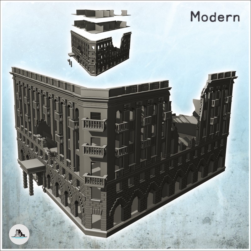 Grand immeuble urbain en ruine avec multiples étages et auvent d'entrée (12)