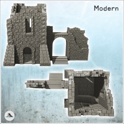 Bâtiment en ruine avec tour en pierre et escalier sous arche (32)