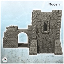 Bâtiment en ruine avec tour en pierre et escalier sous arche (32)