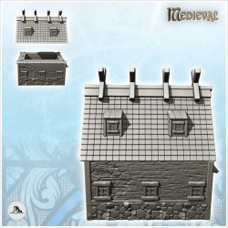 Bâtiment médiéval avec auvent latéral et motifs en bois sur toit (9)
